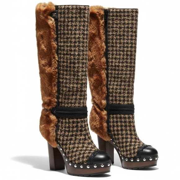 CHANEL Shoes - CHANEL Archival 2010 Ice Runway Fur Tweed Wood Clog Boots 40